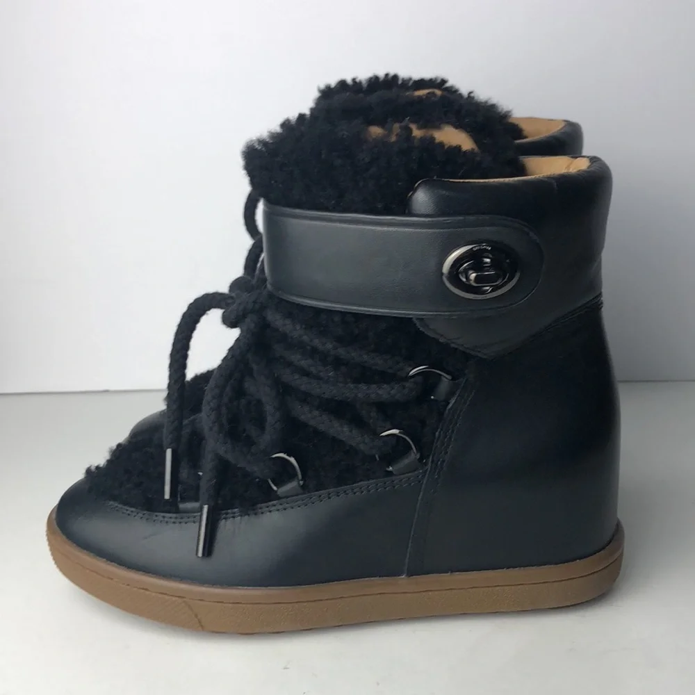 Coach Monroe Black Leather Shearling Ankle Wedge Boots 6